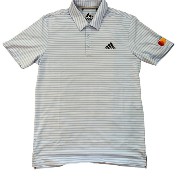 Adidas Men’s Stripe Polo Golf Shirt Light Blue and White Medium Mastercard Logo - Picture 5 of 8